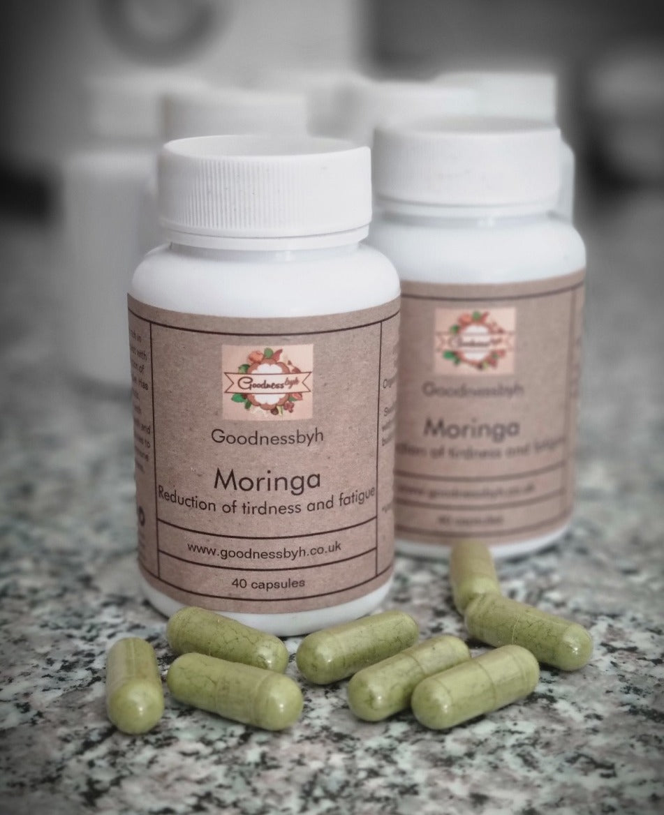 Moringa Capsules Goodnessbyh Moringa: Made using 100% organic moringa leaf. An easy way to enjoy the benefits of reducing fatigue, supporting healthy skin and immune function.